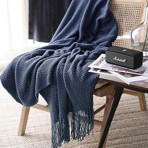 LOMAO Knitted Throw Blanket with Tassels Bubble Textured Lightweight Soft Throws for Couch Cover Home Decor (Navy, 50x60)