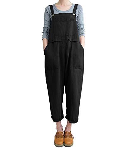 Aedvoouer Women's Linen Overalls Casual Jumpsuits Wide Leg Rompers Baggy Bib Summer Outfits with Pockets,M,Black