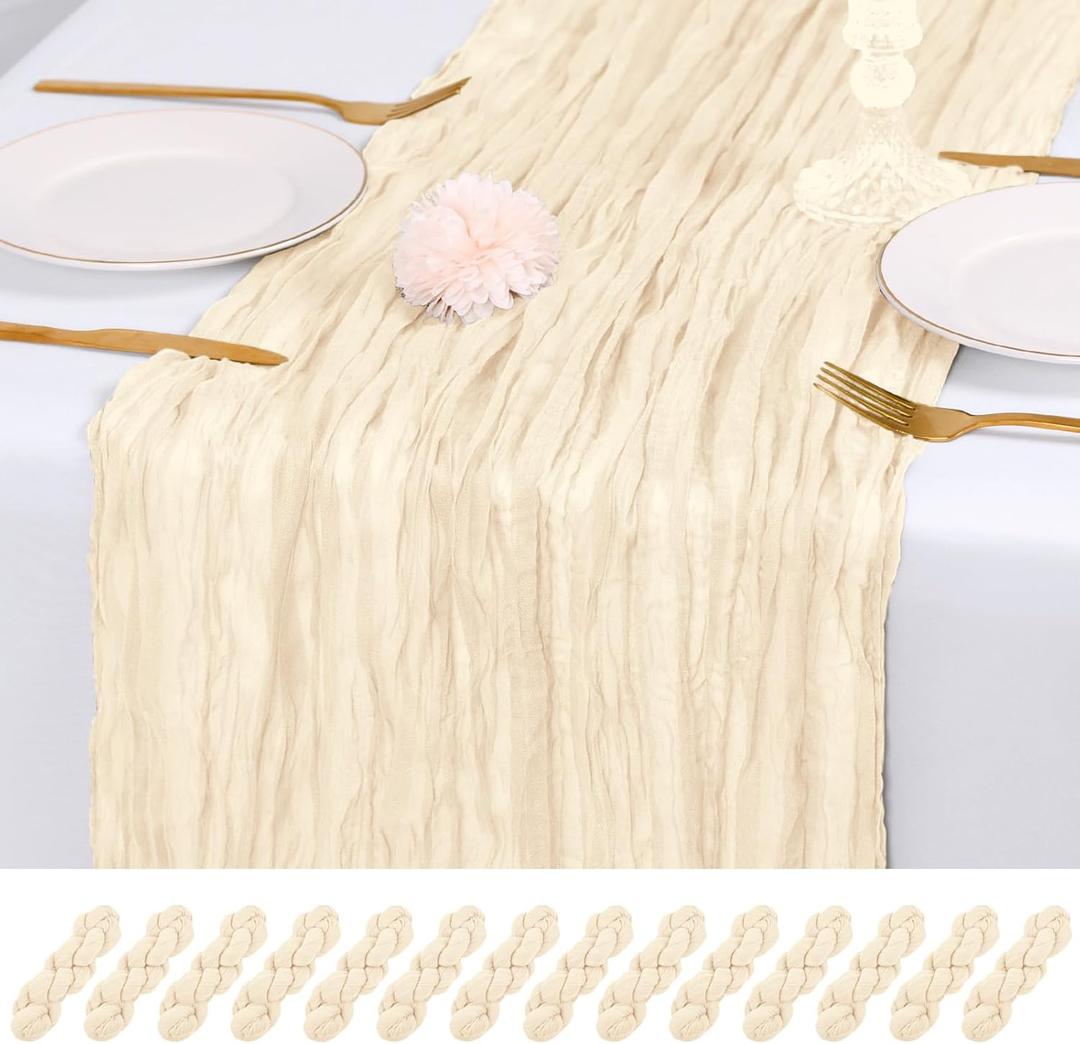 14 Pack Ivory Cheesecloth Table Runner 17x108 Inch Semi Sheer Boho Gauze Cheese Cloth Fabric Table Runners, for Wedding Party Baby Shower Birthday Home Decor Garden Farmhouse