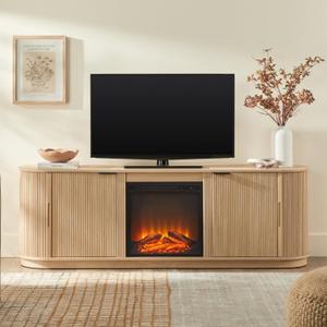 Walker Edison Modern Reeded TV Stand with Freestanding Electric Fireplace Insert for TVs up to 75 Inches, Ambient Flame with Or Without Heat, Credenza with Sliding Doors, 70 Inch, Coastal Oak