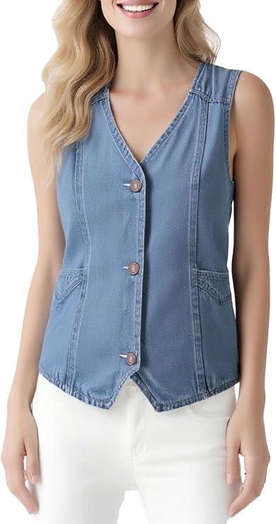 Women's Denim Sleeveless Casual Vest for women, Jean Vest Top, Light Wash, V Neck, Button Front with Dual Pockets, Size M