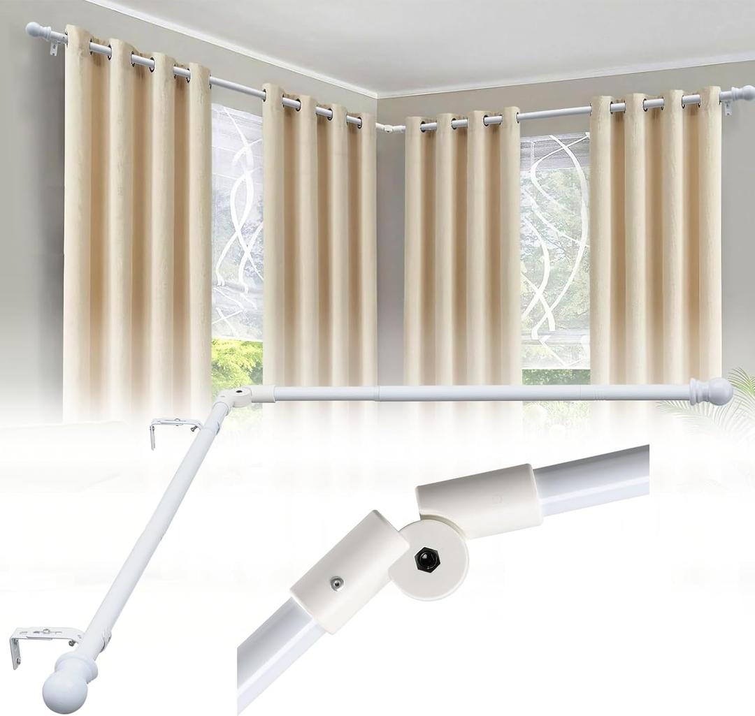 Corner Curtain Rod for Windows 1 Inch - Adjustable 32-134 inch for Bay/Right Angle Windows, Heavy-Duty Rustproof Metal Curtain Rod for Corner Window (White)