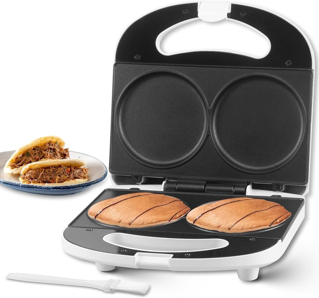 Double Mini Pancakes Maker Machine, Arepa Maker, Electric Pancake Maker Griddle, Ideal for Pancakes, Cookies, Eggs, Arepas & Breakfast Sandwiches, White, 4 Inch