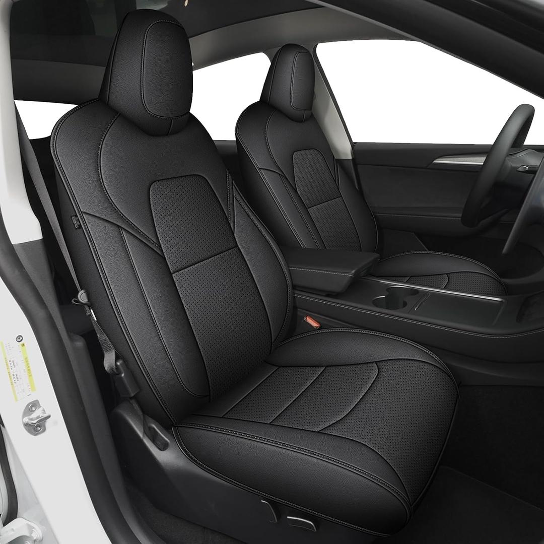 IKABEVEM Custom Fit Tesla Model Y Car Seat Covers for 2020 2021 2022 2023 2024 2025 2026-2 Rows 5 Seats Covers Faux Leather Seat Covers Compatible Airbag Waterproof Automative Seat Protector(Black)