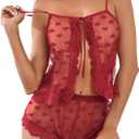 Kolagri Sexy Women Lace Pajamas Lingerie Set High Waist Sheer Sleepwear Bow Ties Cami Shorts Set (Medium, Red Heart Print)