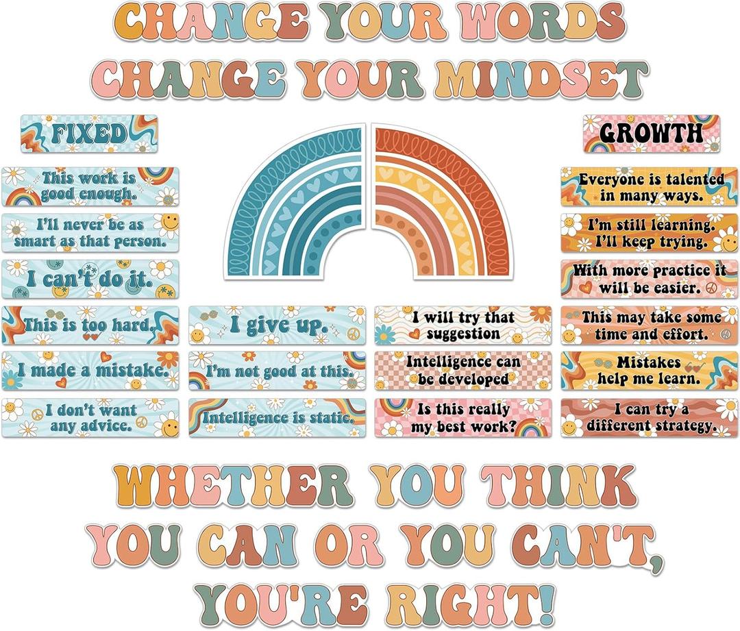 38 Pcs Growth Mindset Posters Bulletin Board Set Classroom Inspirational Poster Motivational Wall Decoration Signs Positive Sayings Accent Cutouts for Teacher Student Home Bedroom Decor (Retro)