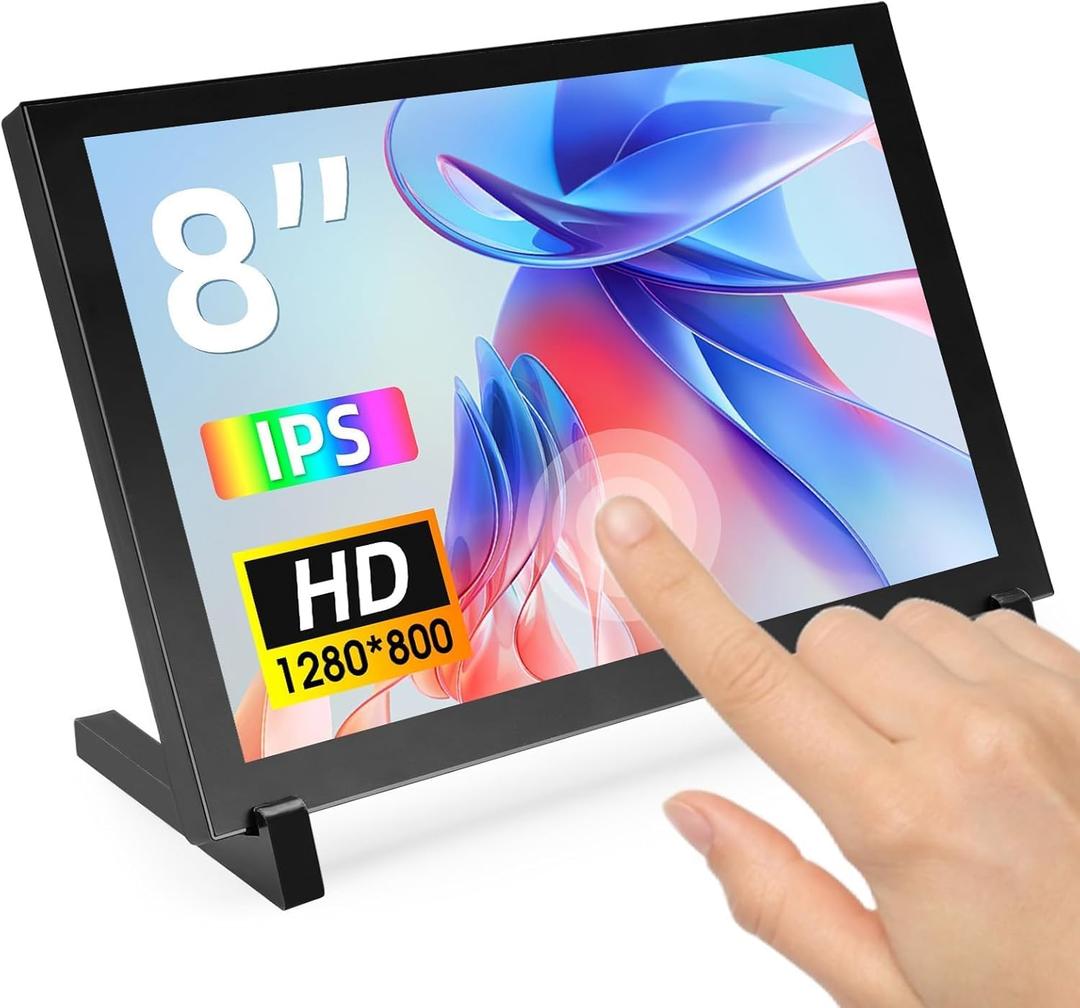 ELECROW 8 Inch Touchscreen Monitor, 1280x800 IPS LCD HD Display with Stand, Portable Capacitive Touch Screen Compatible for Raspberry Pi 3/4/5, Win 11/10/8/7, Jetson Nano, laptops, Game Consoles Black