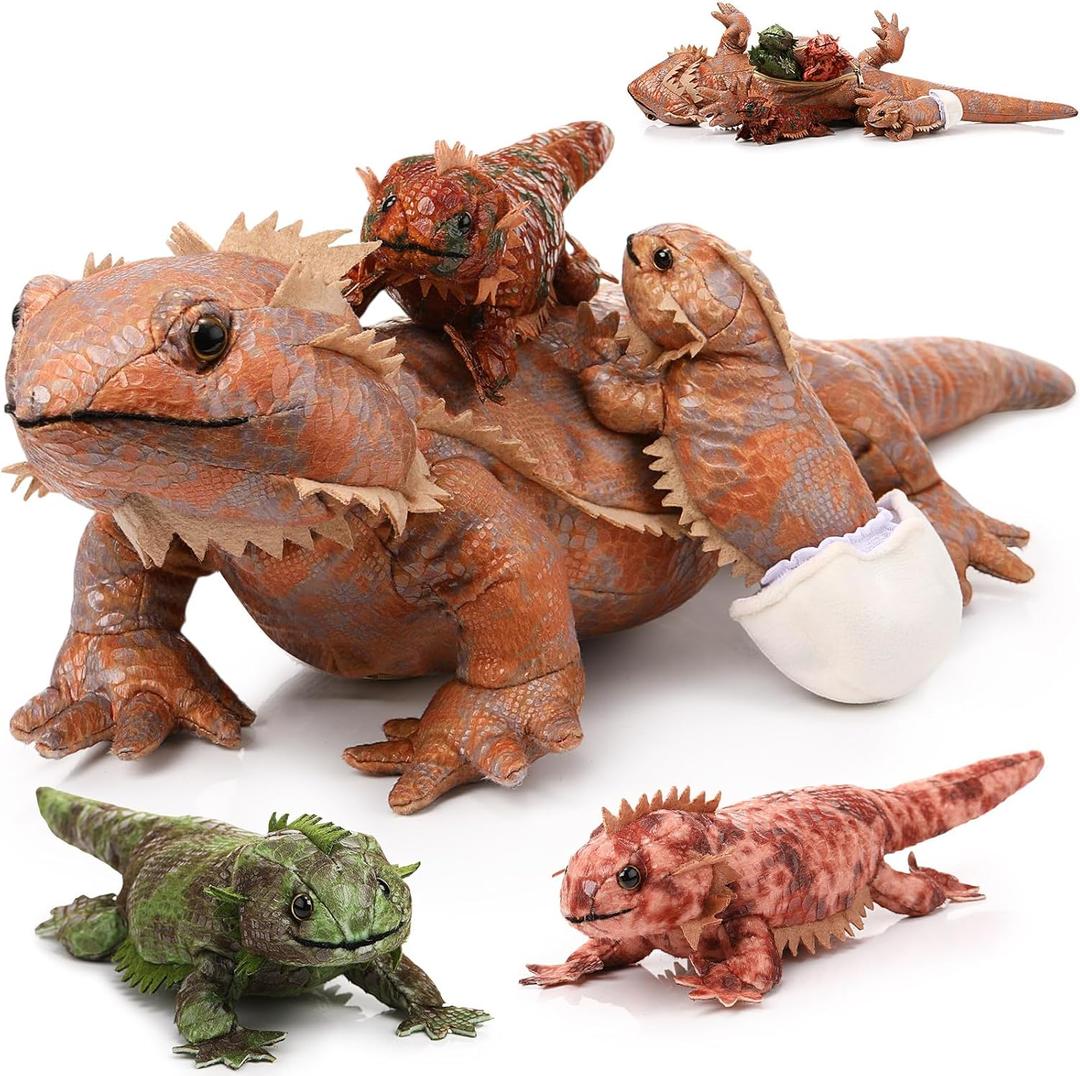 Lenwen 5 Pcs Bearded Dragon Stuffed Animal Set Easter Earth Day Gifts 26 Inch Large Lizard Iguana Plush Toy with 4 Baby Lizards, Simulation Plushies for Boy Girl Birthday Pet Party Favor(Brown)