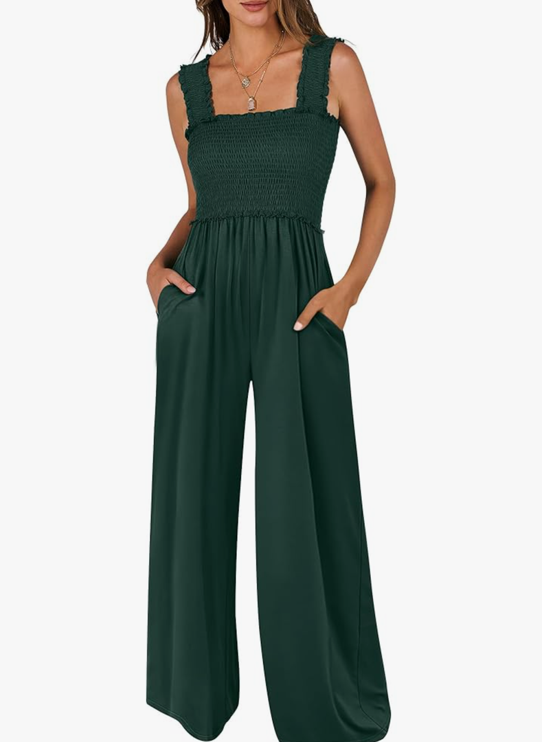 ANRABESS Womens Casual Summer Jumpsuits Smocked Sleeveless Wide Leg Long Romper Jumpers 2025 Beach Vacation Outfits Size Extra Large, Deep Green 
