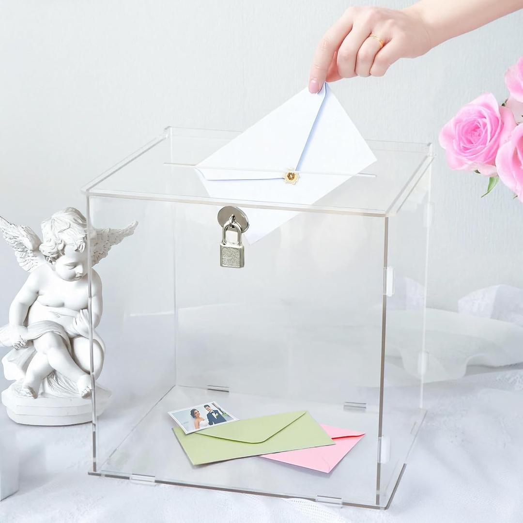 Pure Clear Acrylic Card Box with Slot & Lock, DIY Large Wedding Card Boxes for Reception, Elegant Money Envelop Gift Cards Box for Party Wedding Birthday Baby Shower Graduation Table Decor