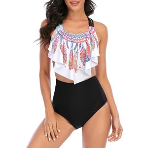 American Trends High-Waisted Tankini Swimsuits for Women Flounce Top Tummy Control Bathing Suits, 8-10