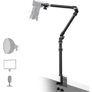 All MetalRAUBAY Desktop Magic Arm, Overhead Camera Desk Mount, Table Light Stand with 1/4 Ball Head, 3/8" & 5/8" Adapter, C Clamp, Retractable Boom Arm for DSLR, Webcam, Microphone, Projector DMA01