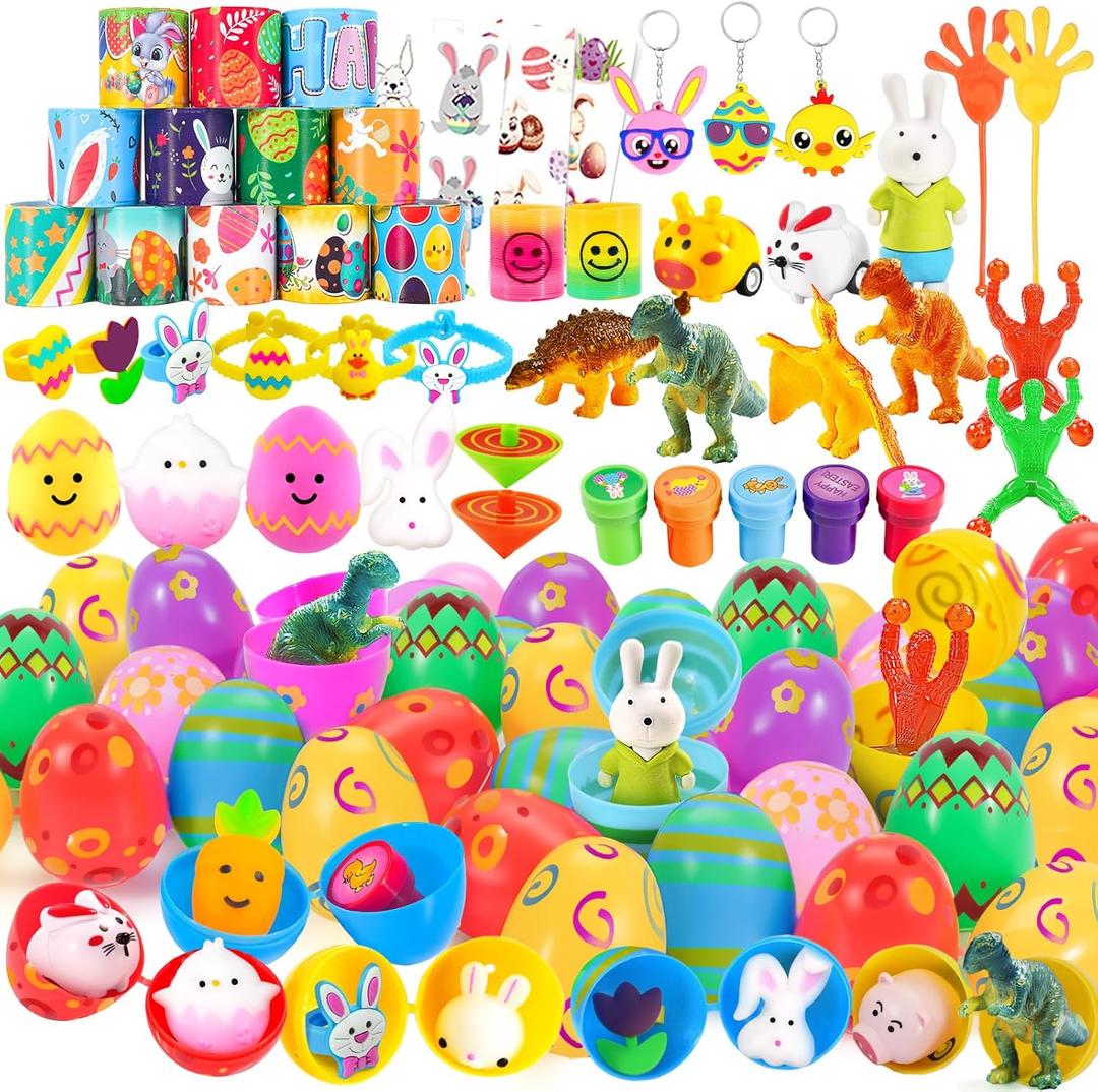 WEARXI 100 PCS Prefilled Easter Eggs with Toys  45 Plastic Easters Egg+55 Easter Egg Fillers Toys, Easter Eggs Filled, Easter Basket Stuffers for Toddler Boy Girl, Party Favors Easters Gifts for Kids