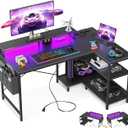 ODK 48 Inch Gaming Desk with USB Charging Ports and LED Lights, Reversible L Shaped Computer Desk with Storage Shelves & Monitor Stand, Corner Gamer Desk Table with Power Outlets, Black
