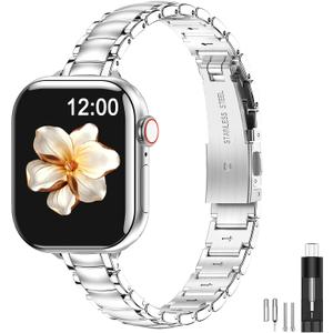 MioHHR Thin Metal Bands Compatible with Apple Watch Band Ultra 2 1 Series 10 9 8 7 6 5 4 SE 3 2 1,Slim Narrow Stainless Steel Strap for Women iWatch Bands 49mm 46mm 45mm 44mm 42mm 41mm 40mm 38mm (Silver)