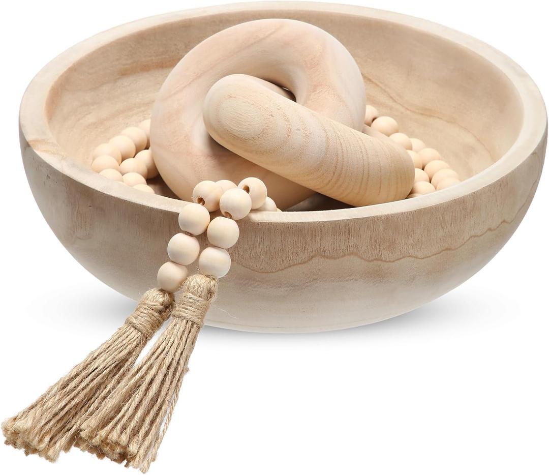Novabright Farmhouse Wooden Decoration Set, Wooden Handmade Bowl, Chain, Beads, Suitable for Home, Bohemian, Coffee Table, Bedroom, Bathroom (White)