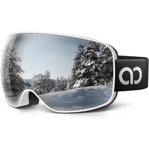 Lamicall Ski Goggles with 3X Anti-Fog - 100% UV Protection Spherical Lens, OTG for Skiing, Snowboard, Snowmobile, Men, Women (White Frame - Silver Lens)