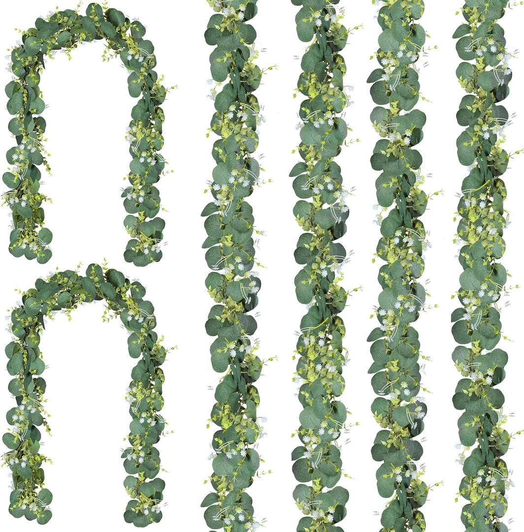 CQURE 6Pcs Eucalyptus Garland,Artificial Eucalyptus Leaves Table Greenery Garland Wreath Vines for Wedding Party Table Bedroom Wall Decor