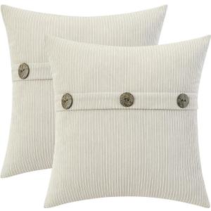 HWY 50 Cream White Chenille Throw Pillow Covers 18x18 Inch with Triple Buttons, Soft Farmhouse Accent Decorative Cushion Cases for Couch Sofa Bed Living Room Bedroom Pack of 2
