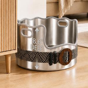 Round Stainless Steel Cat Litter Box High Sided, Large Metal Litter Box with Fashion Woven Belt, Easy Access & Turning Litter Pan for Medium & Senior Cats, Kittens, Odor Control, Easy to Clean