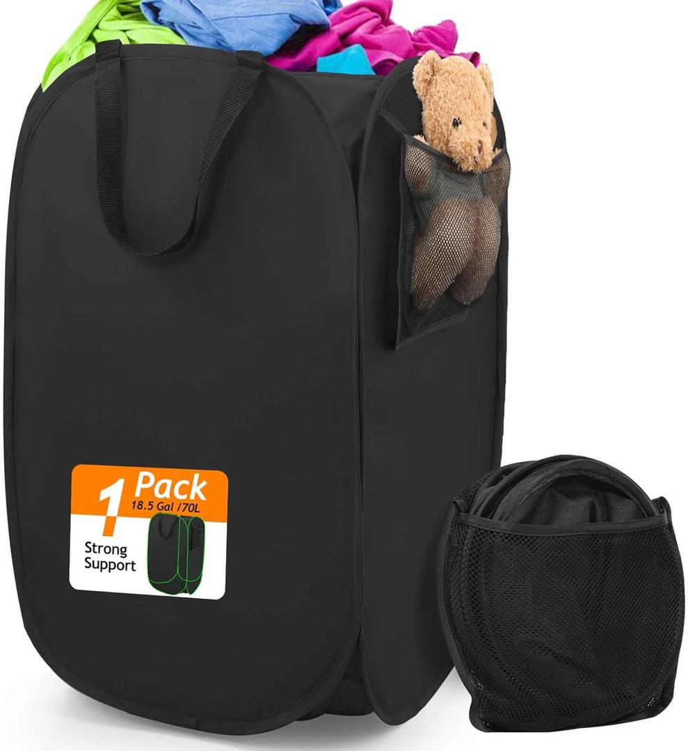 Upgraded Polyester Pop-up Laundry Hamper, 70L(18.5 Gal) Quality Laundry Basket with Durable Handles Solid Bottom High Carbon Steel Frame and Side Pocket, Easy to Open and Fold Flat for Storage, Black