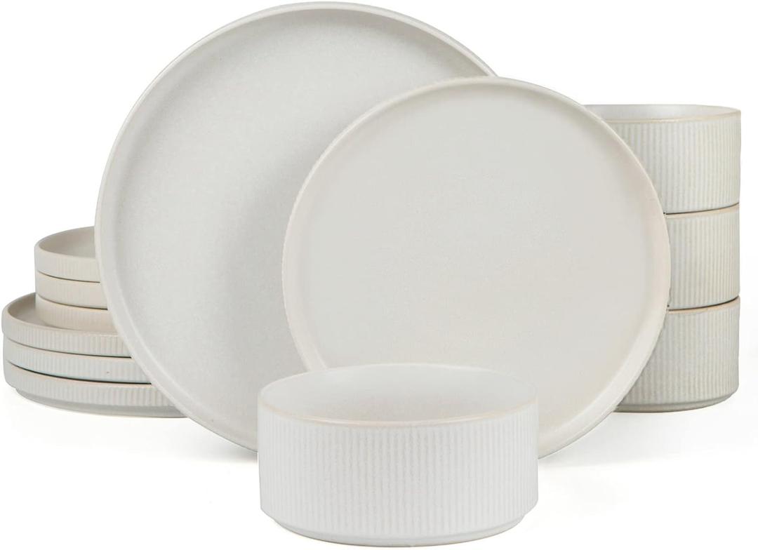 Famiware Star Dinnerware Sets, Plates and Bowls Set for 4, 12 Pieces Ribbed Dishes - Chip and Scratch Resistant, Microwave and Dishwasher Safe Tableware, Matte White