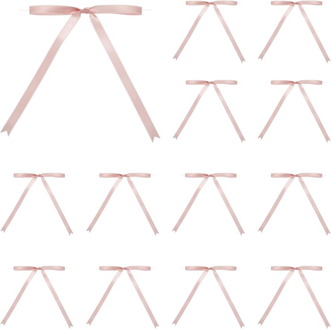 MECCANIXITY 100 Pcs 5x7 Twist Tie Bows Satin Ribbon Bows Wrapping Bows for Craft DIY Sewing Wedding Decor Birthday Party Treat Bags Soft Pink