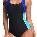 beautyin Womens One Piece Sport Swimsuit Water Aerobic Bathing Suit Lap Swimwear (Medium, Black Blue)