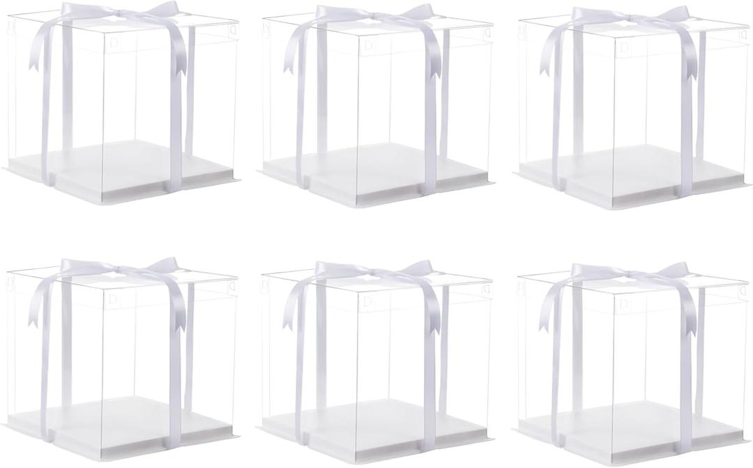 XININSUN 14x14x12inch clear cake box with ribbon,12inch14inch tall cake boxes for tiered cakes,layer cake carrier,disposable cake containers for wedding birthday party and gift display-White (white-14x14x10inch-6Pcs)