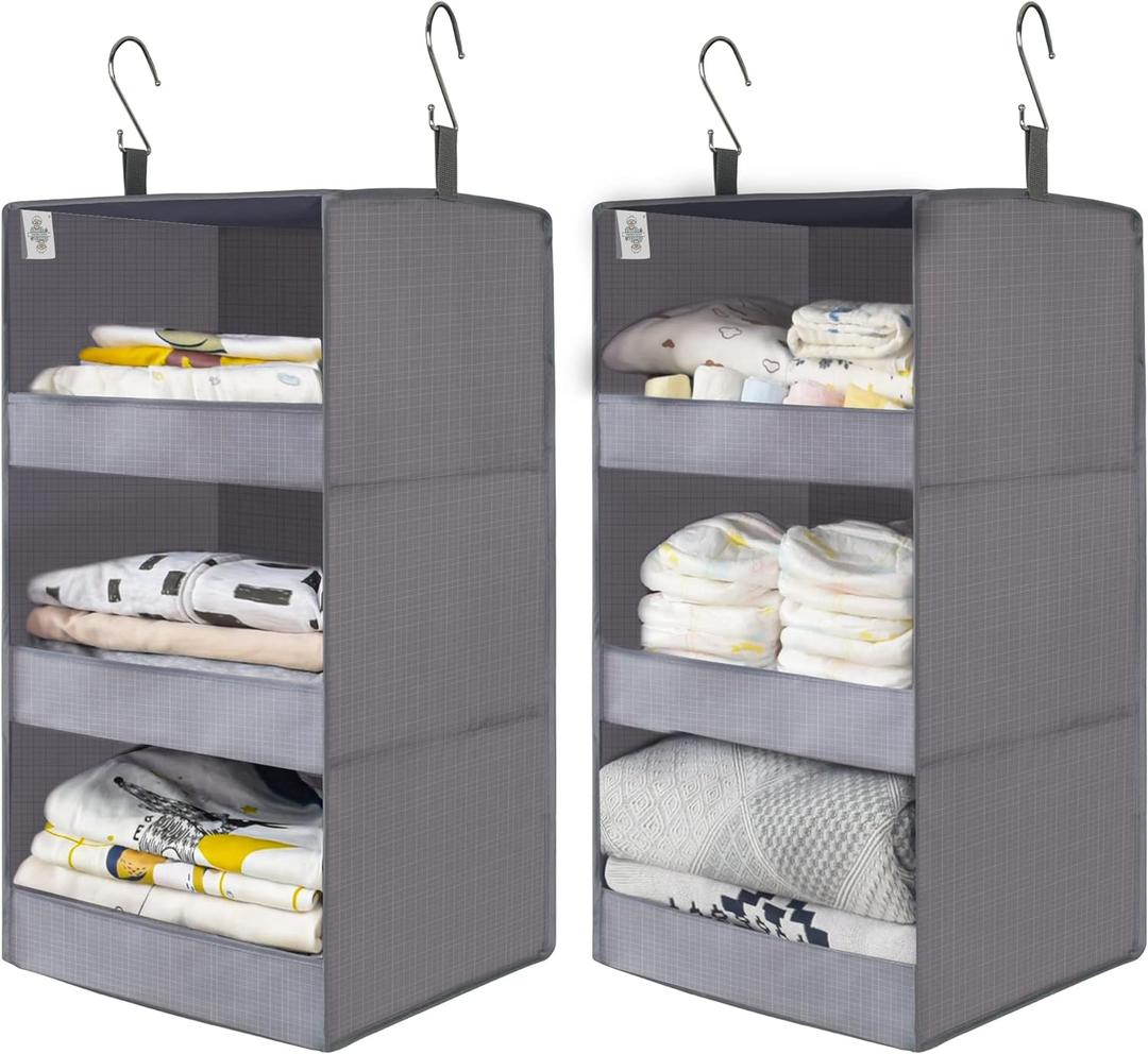 GRANNY SAYS 3-Shelf Closet Organizers and Storage, Foldable Hanging Closet Organizer, Hanging Closet Shelves with 2 Metal Hooks, Leak-Proof Closet Hanging Organizer for Locker & Camper, Gray, 2-Pack