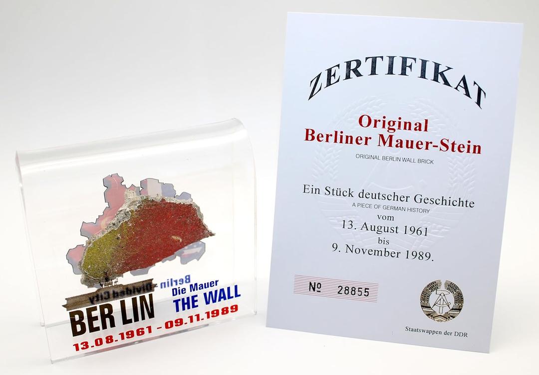 Original Piece of the Berlin Wall - Authentic Souvenir from the Real Wall in Germany Mounted in Acrylic Display (Large (4"X4"), Divided City)