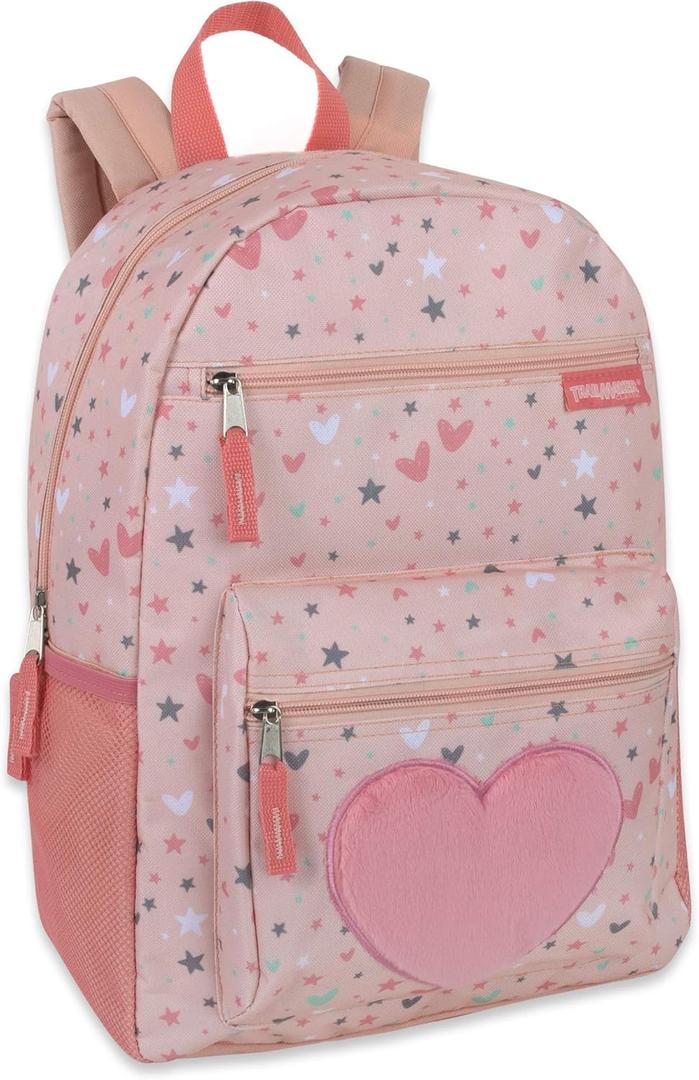 Trail maker 17 Kids Character School Backpacks Plush for Girls with Side Pockets, Padded Straps (Plush Starry Hearts)