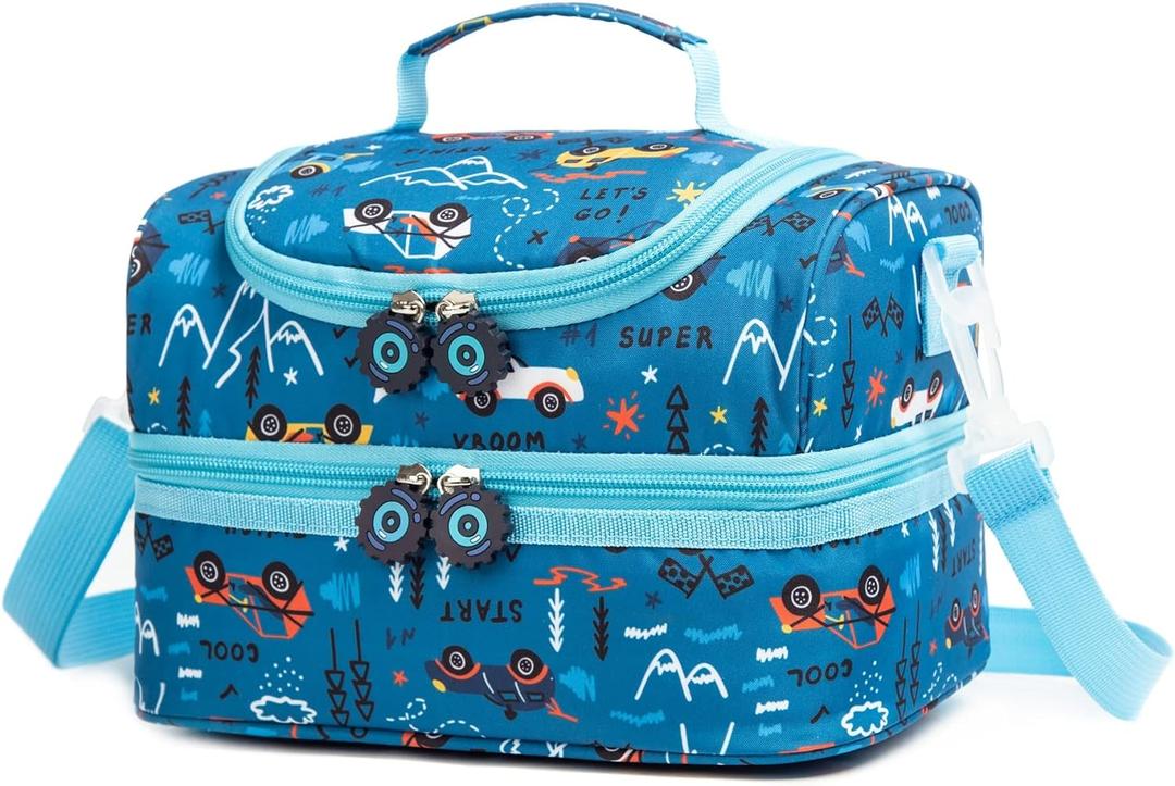 Insulated Kids Dual Compartment Lunch Bags Tote Pack for Girls Boys Toddler Kindergarten School Picnic Food Cooler Boxes with Shoulder Strap (Blue Car)