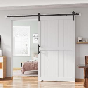 48''x84'' Sliding Barn Door with 8 Ft Barn Door Hardware Kit& Handle& Floor Guides,Pre-Drilled Holes Easy Assembly - Include Installation Manual, Water-Proof PVC Surface, H-Frame, White