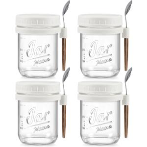 LANDNEOO 4 Pack Overnight Oats Containers with Lids and Spoons, 16 oz Glass Mason Jars with Airtight Lids, Overnight Oats Jars for Milk, Cereal, Fruit-White