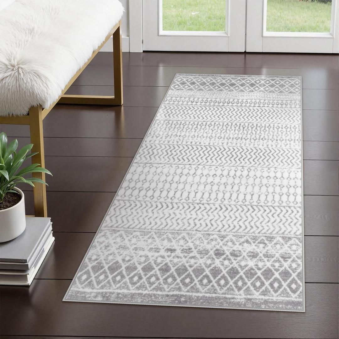 Moroccan Washable Area Rug, 2x4 Non-Slip Front Door Mat Indoor Entrance, Low-Pile Distressed Grey Rug Throw Rugs for Bedroom Kitchen Bathroom Laundry Room