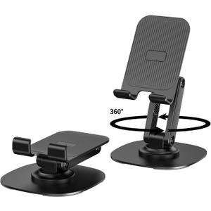 360 Rotating Cell Phone Stand for Desk, Adjustable & Foldable Phone Holder, Aluminum Desktop Phone Stand with Anti-Slip Base, Compatible with iPhone, iPad, Android Phones, K69-Black