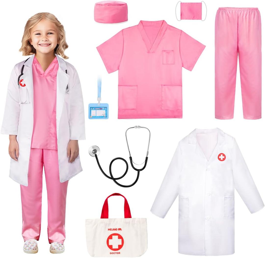 Meland Doctor Costume for Girls - Kids Scrubs with Lab Coat & Carry Bag, Doctor Dress Up for Halloween, Career Day Role Play (Pink, 7-8 Years)