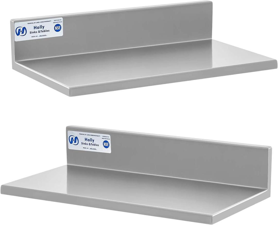 HALLY Stainless Steel Wall Shelf 8.6 x 16 Inches 44 lb, NSF Commercial Heavy Duty Wall Mount Floating Shelving for Restaurant, Kitchen, Home, Hotel and Bar, 2 Pack