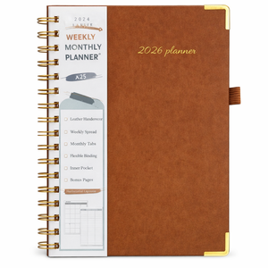 2026 Planner, Weekly and Monthly Calendar Planner from January 2026 - December 2026, 5.75" x 8.38" Hardcover Leather Hourly Appointment Book with Tabs, A5 Spiral Daily Planners for College School Work Home, Brown