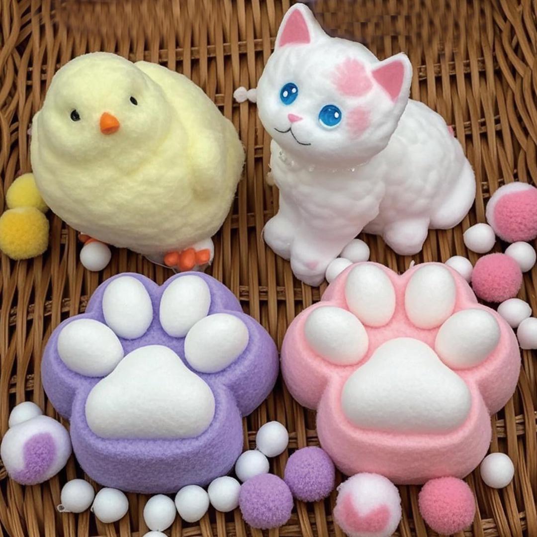 Big Taba Squishy 4-Pack Bundle - Fufu Squishy Toys Set with Chick, Giant Cat & 2 Paw Squishies, Soft Slow-Rise Stress Relief Sensory Toys for Kids Adults Anxiety Relief