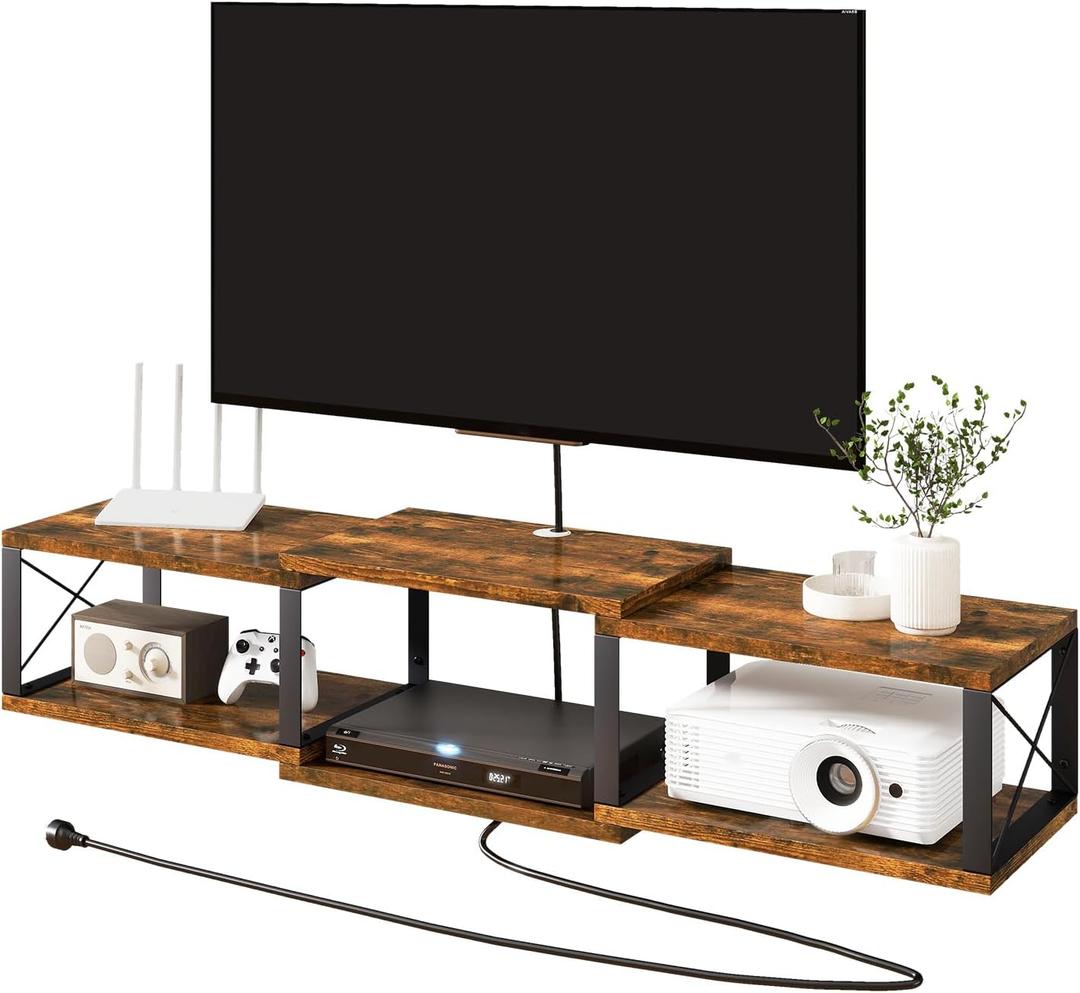IBUYKE Floating TV Stand with Power Outlet,Wall-Mounted Floating Stand for TVs up to 55",Metal Entertainment Center,Wall Mounted TV Shelf with Storage for Living Room Bedroom,Rustic Brown UWST011H