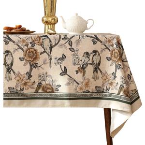 ISAENNE Designer Vintage Linen Small Table Cloth for Rectangle Table,Floral and Bird Pattern Tablecloths,Fall Wrinkle Resistant Decor Tablecloth for Dining Kitchen Party,55"*71"-Murad A