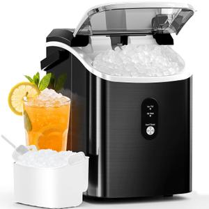 Antarctic Star Nugget Ice Maker Countertop with Soft Chewable Ice, Portable Sonic Ice Maker with Basket and Scoop, Removable Top Cover, Auto-Cleaning for Home/Party/RV/Camping (Stainless Steel Black) (34Lbs/24H)