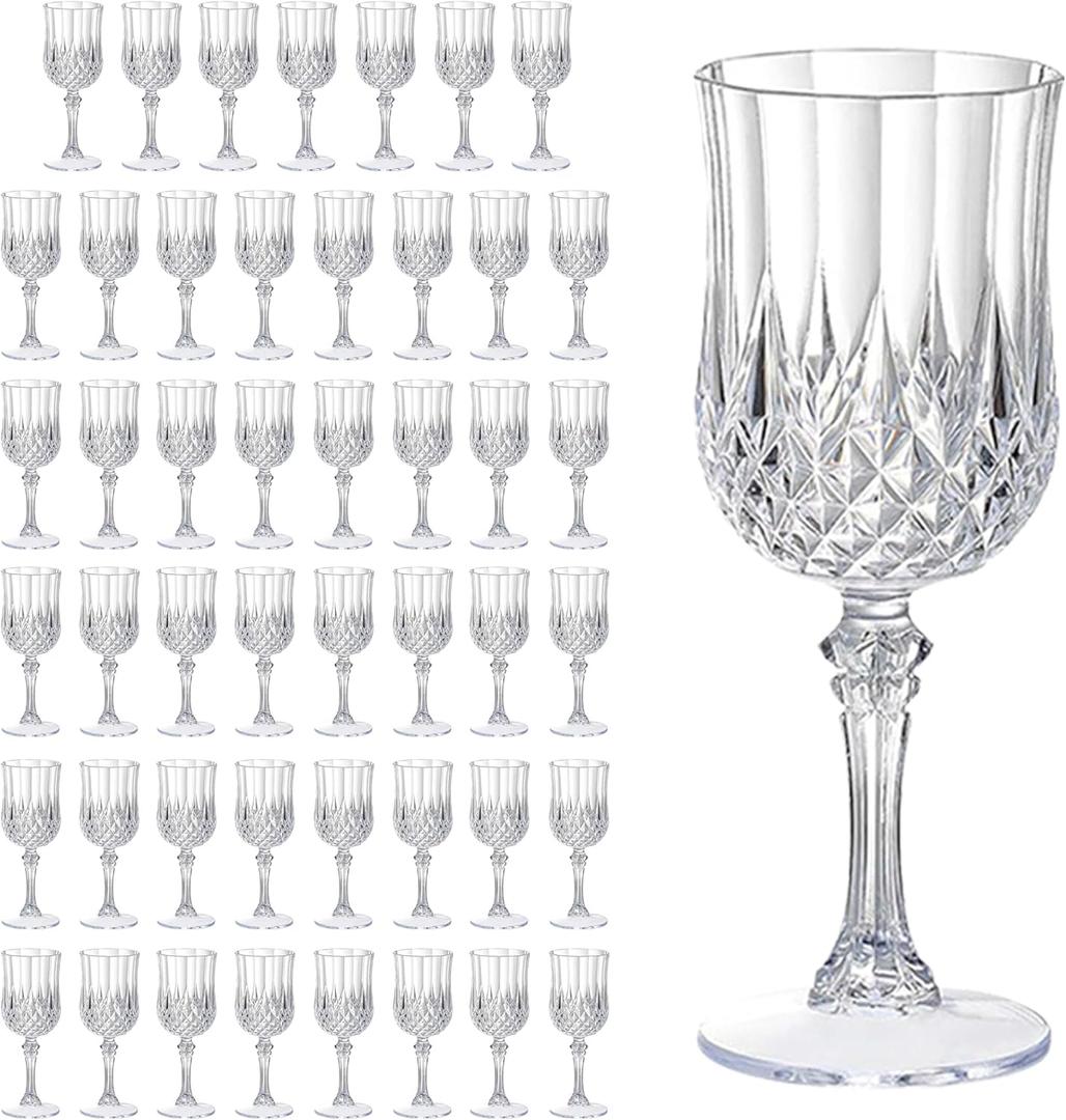 Vintage Plastic Wine Glasses,Crystal Textured Plastic Goblets,Disposable Wine Glasses for Parties,Weddings,Elegant Events(48pcs-Clear)