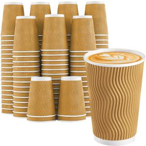 Lamosi Disposable Coffee Cups 16 OZ 90 Pack, Paper Coffee Cups 16 OZ for Hot Drinks or Cold Beverages, Insulated Corrugated Ripple Wall Cup No Lids for Office, Cafe, Home or Travel (Champagne)