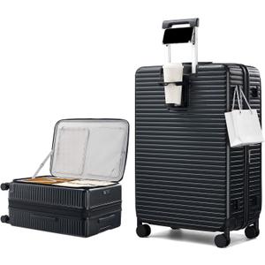 HanTrip 28 Inch Top Opening Hard Case Checked Luggage with Wheels, Black, Expandable 28 Inch