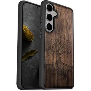 Carveit Wood Case for Galaxy S25 Case 2025 [Natural Wood & Black Soft TPU] Shockproof Protective Cover Unique Wooden Design Compatible with Samsung S25 (The Yin Yang Tree-Walnut)