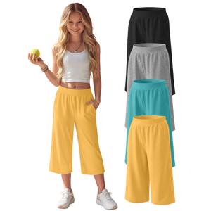 YooAurvox 4 Pack Girls' Capri Pants Wide Legs Capris with Pockets Elastic Waist Workout Yoga Pants Loose Sweatpants for Kids(Black, Light Heather Gray, Blue Green, Bright Yellow,13-14 Years)