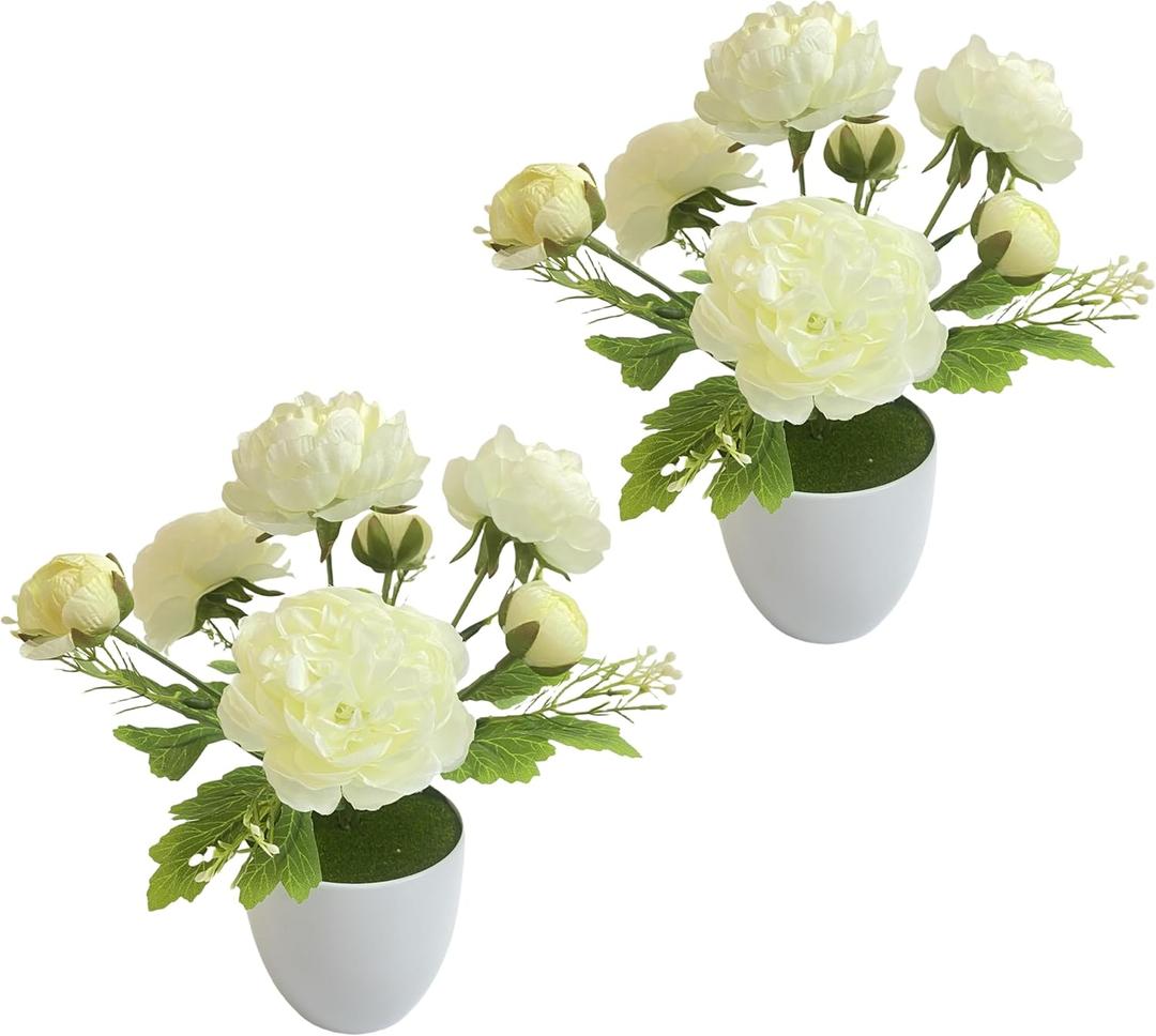 Artificial Flowers Fake Ranunculus in Pot, 2 Packs Small Faux Silk Flowers for Home Decor Indoor, Realistic Flower Centerpieces for Tables (White)